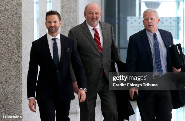 Former U.S. Rep. Aaron Schock, left, appears Wednesday, March 6, 2019 after his scheduled hearing at the U.S. Dirksen Courthouse in Chicago, Ill....