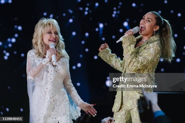 Dolly Parton and Miley Cyrus perform onstage at the 61st annual GRAMMY Awards at Staples Center on February 10, 2019 in Los Angeles, California.