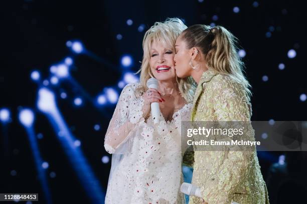 Dolly Parton and Miley Cyrus perform onstage at the 61st annual GRAMMY Awards at Staples Center on February 10, 2019 in Los Angeles, California.