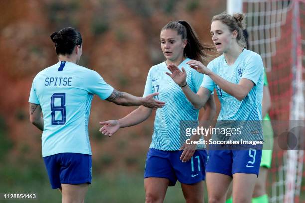 Vivianne Miedema of Holland Women celebrates 0-1 with Sherida Spitse of Holland Women, Lieke Martens of Holland Women during the Algarve Cup Women...