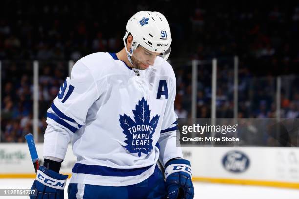 John Tavares of the Toronto Maple Leafs skates against the New York Islanders at NYCB Live's Nassau Coliseum on February 28, 2019 in Uniondale, New...