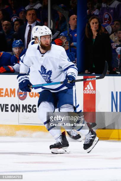 Jake Muzzin of the Toronto Maple Leafs skates against the New York Islanders at NYCB Live's Nassau Coliseum on February 28, 2019 in Uniondale, New...