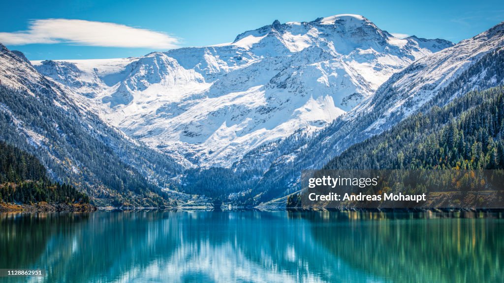 Panoramic view over the Gepatsch Reservoir to the Weißseespitze (Kaunertal Glacier)