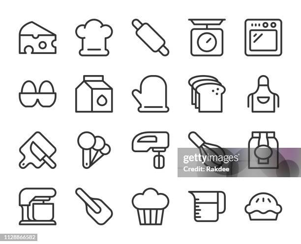 ilustraciones, imágenes clip art, dibujos animados e iconos de stock de horno y panadería - los iconos de línea - pastel