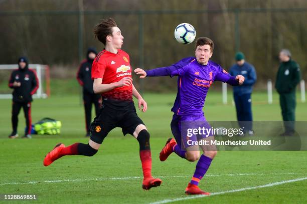 James Garner of Manchester United U18s in action during the U18 Premier League North match between Manchester United U18s and Liverpool U18s at Aon...