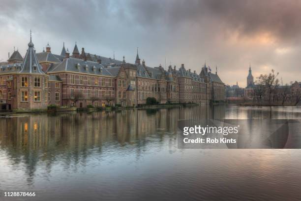 binnenhof, dutch houses of parliament, reflected in the court pond ( hofvijver ) - weerkaatsing - fotografias e filmes do acervo