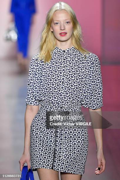 Model walks the runway at the Rebecca Minkoff Ready to Wear Fall/Winter 2019-2020 fashion show during New York Fashion Week on February 10, 2019 in...