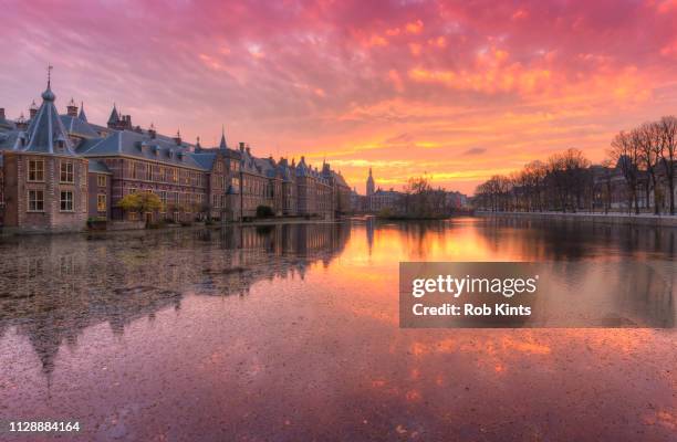 binnenhof, dutch houses of parliament, reflected in the court pond ( hofvijver ) at sunset - regeringsgebouw 個照片及圖片檔