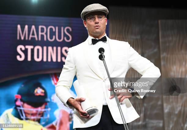 Marcus Stoinis speaks on stage after being awarded the Male One Day International Player of the Year during the 2019 Australian Cricket Awards at...