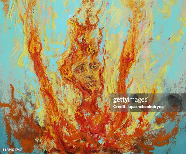fashionable illustration contemporary art my original oil painting on canvas religion sacred art symbolism man dying from sin and burning in hell praying for his salvation in repentance - burning man 2018 stock illustrations