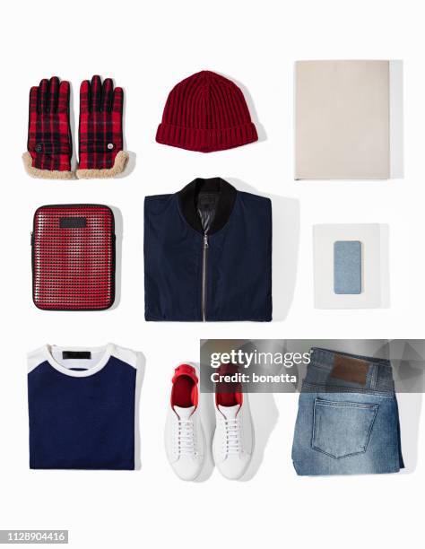men’s clothing with personal accesorries isolated on white background - top peça de roupa imagens e fotografias de stock