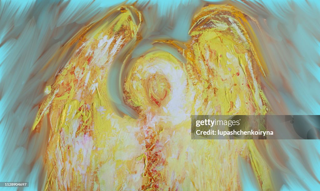 モダンなおしゃれなイラスト仕事神聖なアート壁画のアイコンの元絵水平ガッシュ パステル マイファンタジー光の炎の天使の絵
