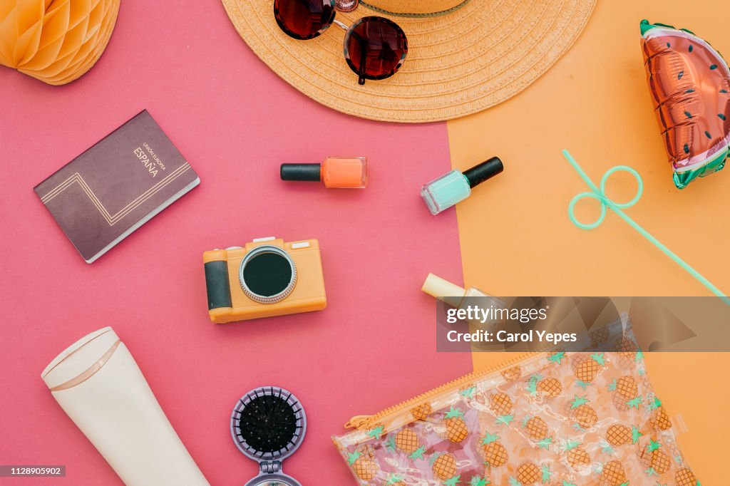 Fashion summer girl clothes accessories set Woman essentials.overhead