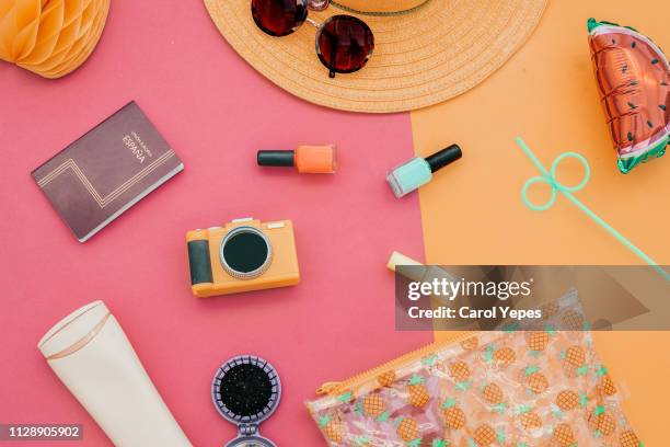 fashion summer girl clothes accessories set woman essentials.overhead - personal accessory stock pictures, royalty-free photos & images