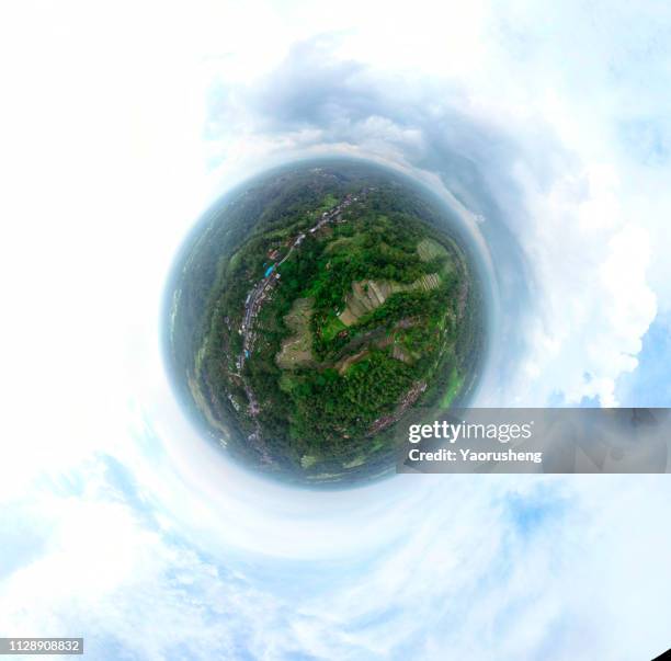little planet of rainforest and traditinal village at bali,indonesia - 360 globe stockfoto's en -beelden