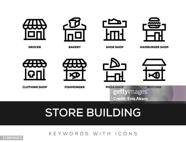 ilustrações, clipart, desenhos animados e ícones de palavras-chave de construção de loja com ícones - loja de presente