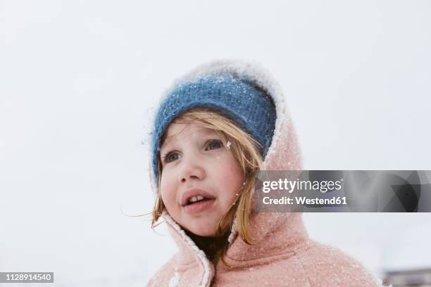 portrait of little girl in snowfall - gesicht kälte stock-fotos und bilder