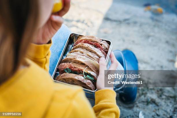 girl with lunch box sitting on the beach in autumn - food box stock-fotos und bilder