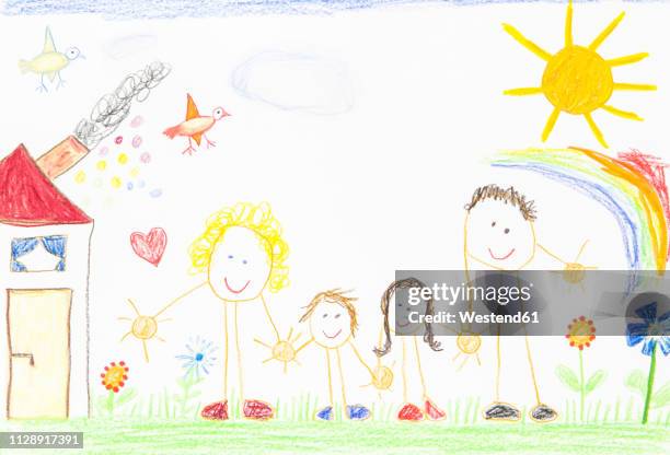 bildbanksillustrationer, clip art samt tecknat material och ikoner med children¥s drawing, happy family with house, garden, sunshine and rainbow - children drawing white background