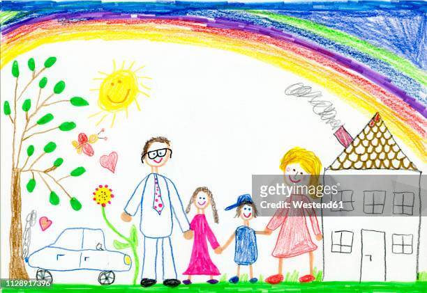 children¥s drawing, happy family with garden, car, sunshine, rainbow and house - family stock illustrations
