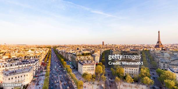 france, paris, cityscape with place charles-de-gaulle, eiffel tower and avenue des champs-elysees - buurt rond de champs élysées stockfoto's en -beelden