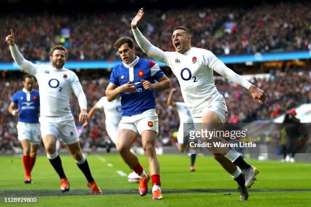 Jonny May of England celebrates scoring his sides first try during the Guinness Six Nations match between England and France at Twickenham Stadium on...