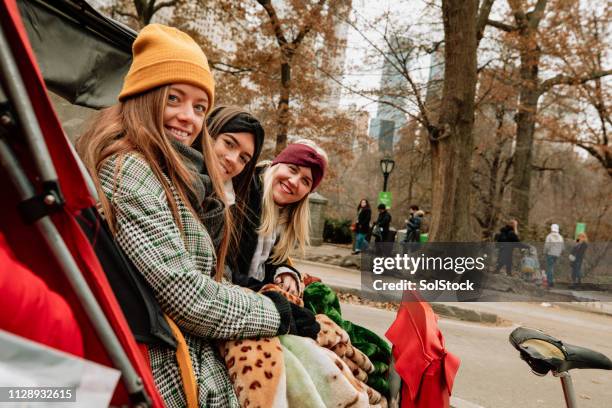 buggy rijden in central park - central park winter stockfoto's en -beelden