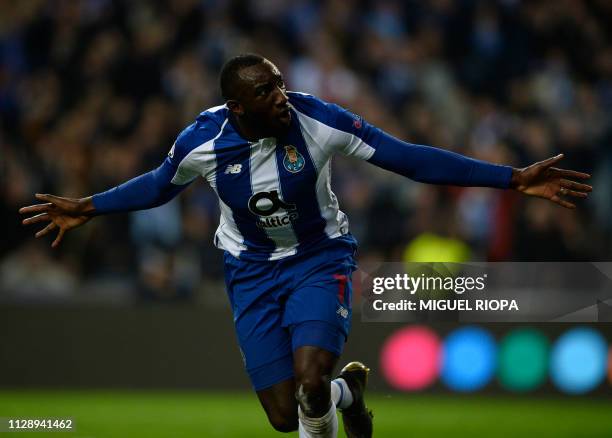 Porto's Malian forward Moussa Marega celebrates after scoring a goal during the UEFA Champions League round of 16 second leg football match between...