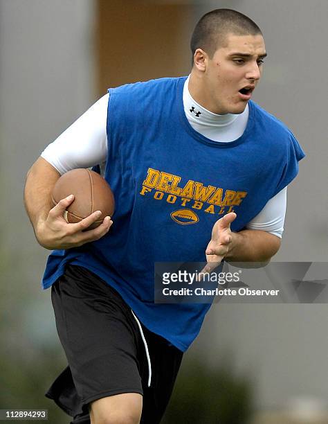 Delaware tight end Robbie Agnone turns to run upfield after making a catch during practice on Thursday, December 13 at Finley Stadium in Chattanooga,...
