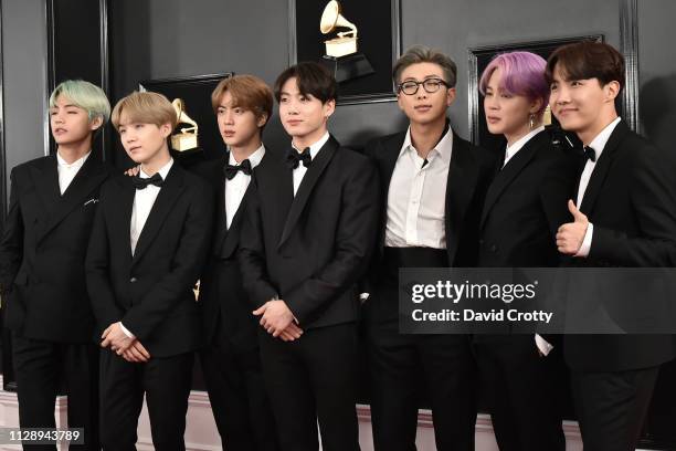 Jin, Suga, J-Hope, RM, Jimin, V, Jungkook of BTS attend the 61st Annual Grammy Awards at Staples Center on February 10, 2019 in Los Angeles,...