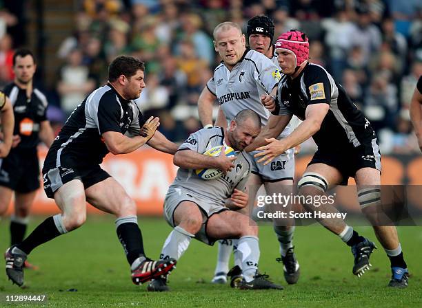 George Chuter of Leicester in action during the AVIVA Premiership match between Newcastle Falcons and Leicester Tigers at Kingston Park on April 22,...