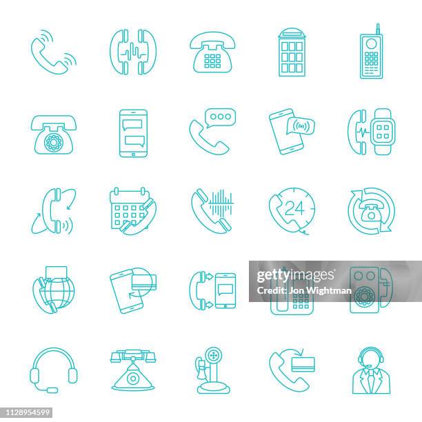 dünne linie telefon-icon-set - telefonzelle stock-grafiken, -clipart, -cartoons und -symbole