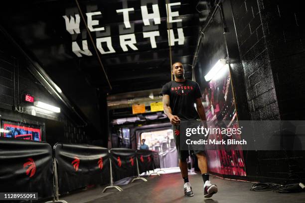 Kawhi Leonard of the Toronto Raptors walks the tunnel prior to the game against the Houston Rockets on March 5, 2019 at Scotiabank Arena in Toronto,...