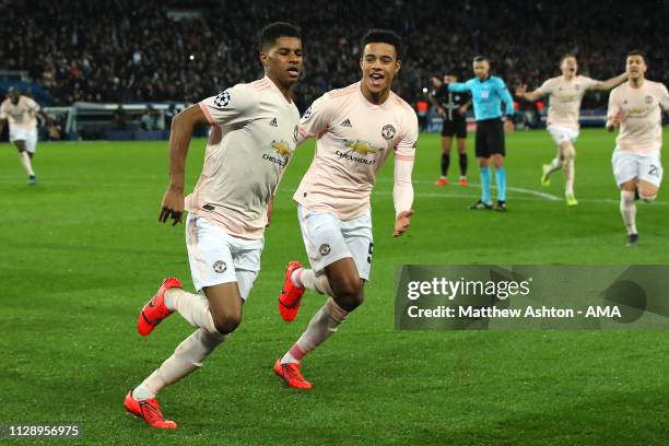 Marcus Rashford of Manchester United celebrates scoring a goal to make the score 1-3 during the UEFA Champions League Round of 16 Second Leg match...