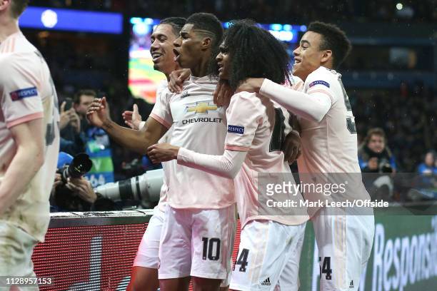 Marcus Rashford of Man Utd celebrates scoring the winning goal from the penalty spot with Chris Smalling, Tahith Chong and Mason Greenwood during the...