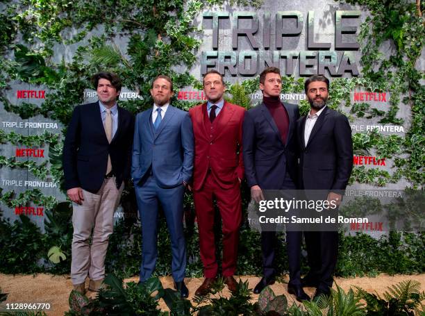 Chandor, Charlie Hunnam, Ben Affleck, Garrett Hedlund and Oscar Isaac attend Triple Frontier European Special Screening at Callao Cinema on March 6,...