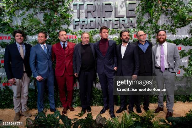 Chandor, Charlie Hunnam, Ben Affleck, Garrett Hedlun, Oscar Isaac, Andy Horwitz and Alex Gartner attend Triple Frontier European Special Screening at...