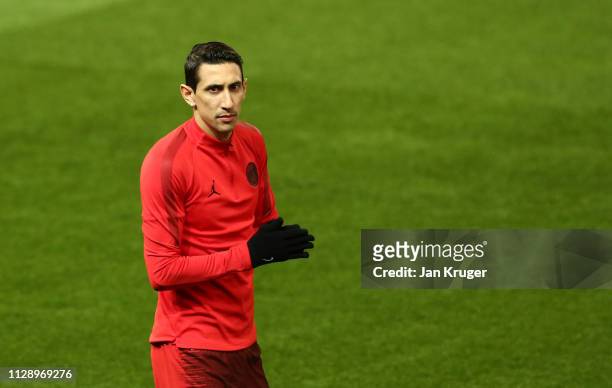 Angel Di Maria looks on during a Paris Saint-Germain training session at Old Trafford on February 11, 2019 in Manchester, England.