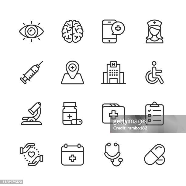 healthcare and medical line icons. editable stroke. pixel perfect. for mobile and web. contains such icons as brain, nurse, hospital, wheelchair, medicine. - cancer illness stock illustrations