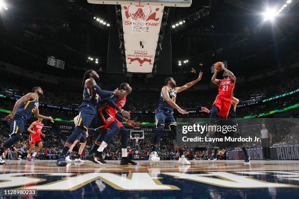 Darius Miller of the New Orleans Pelicans shoots the ball during the game against Derrick Favors of the Utah Jazz on March 6, 2019 at the Smoothie...