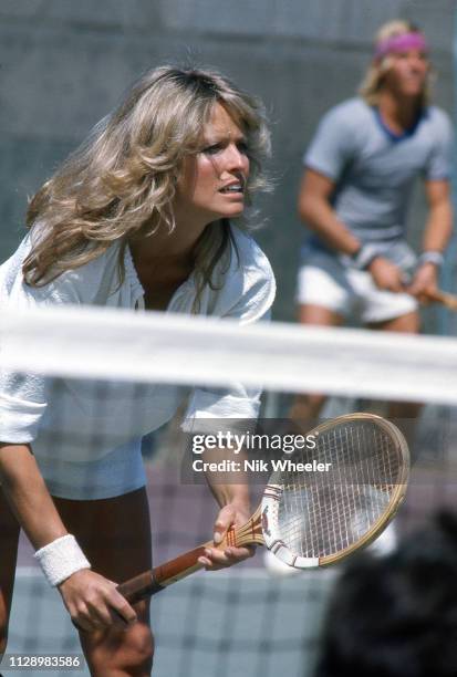 American television actress and star of Charley's Angels TV series plays mixed doubles with Vince Van patten in a celebrity tennis tournament in Los...
