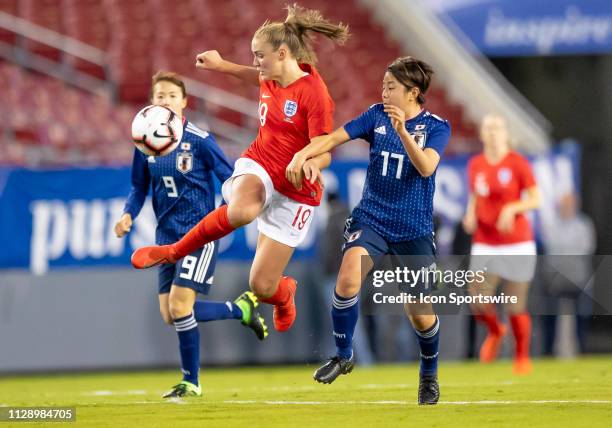 England midfielder Georgia Stanway receives the pass during the She Believes Cup match between the Japan and England on March 5, 2019 at Raymond...