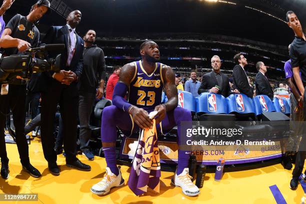 LeBron James of the Los Angeles Lakers reacts after passing Michael Jordan on the NBA All-Time Scoring Leaders List against the Denver Nuggets on...