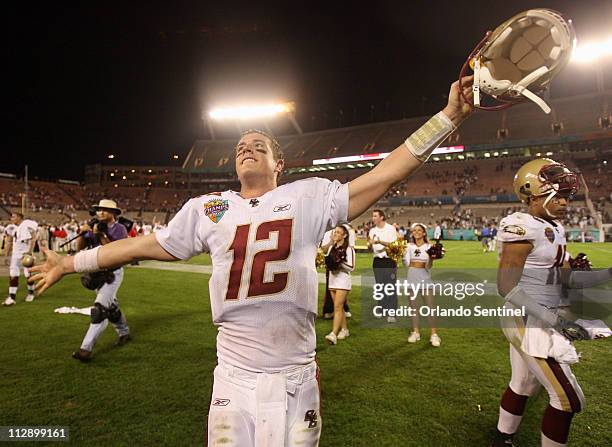 Boston College quarterback Matt Ryan celebrates the team's 24-21 victory over Michigan State in the Champs Sports Bowl on Friday, December 28 in...