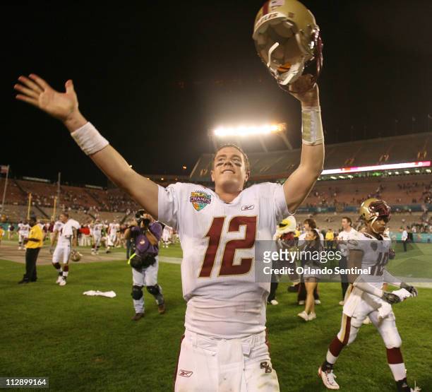 Boston College quarterback Matt Ryan celebrates the Eagles' 24-21 victory over Michigan State in the Champs Sports Bowl on Friday, December 28 in...