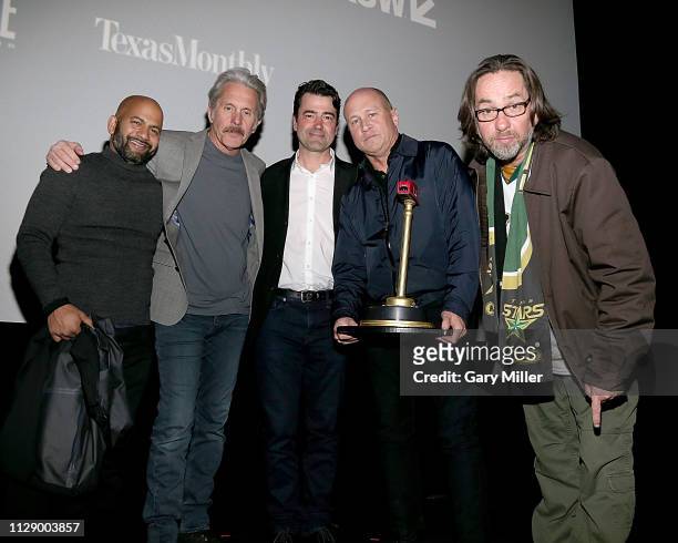 Ajay Naidu, Gary Cole, Ron Livingston, Mike Judge and David Herman attend a 20th anniversary screening of Office Space at the Paramount Theatre on...