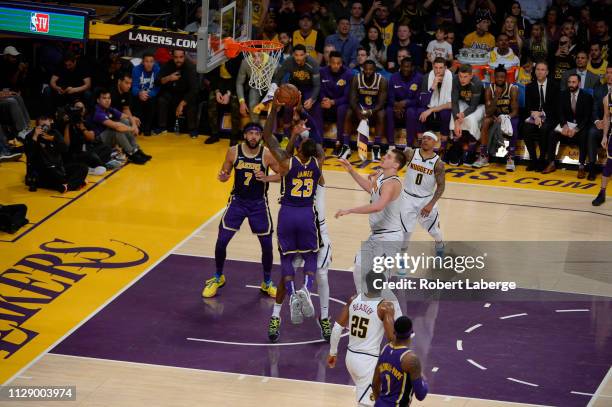 LeBron James of the Los Angeles Lakers scores to pass Michael Jordan and move to on the NBA's all-time scoring list during the second quarter against...