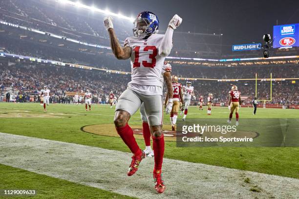 New York Giants wide receiver Odell Beckham celebrates with a dance after scoring a touchdown during the NFL game between the New York Giants and the...