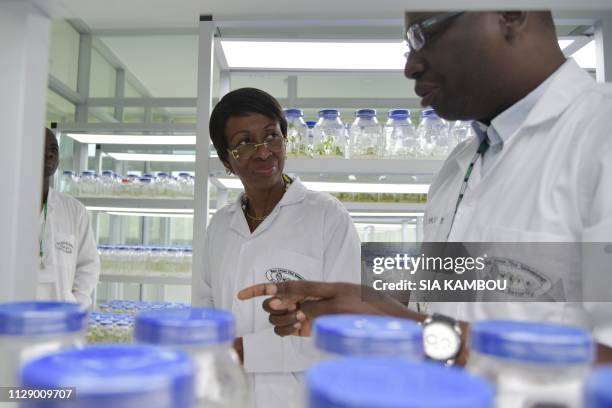 Ramata Ly-Bakayoko , Minister of Women Affairs and Ivorian Premier at the Paris Academy of Sciences Overseas listens to a researcher as she visits...