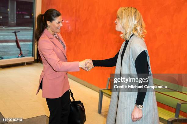 Crown Princess Victoria Of Sweden visits the Swedish office's of Google and is greeted by Google Sweden CEO Anna Wikland on March 7, 2019 in...